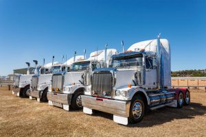 Line of heavy trucks parked outdoors for fleet transport and relocation services